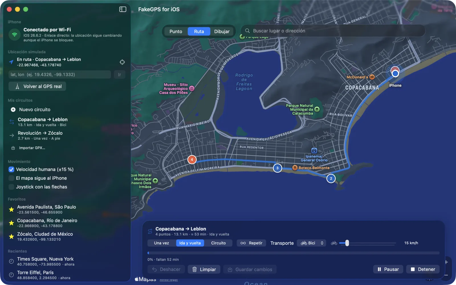 FakeGPS for iOS en una Mac con una ruta en bici por las playas de Copacabana e Ipanema en Río de Janeiro