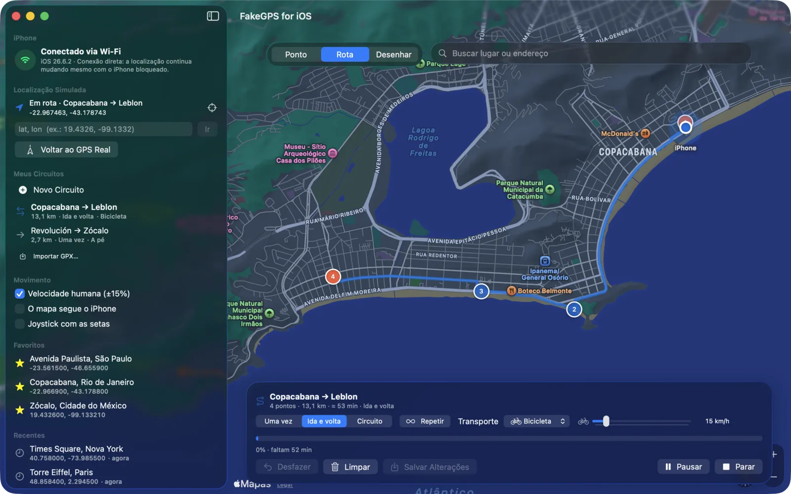 FakeGPS for iOS no Mac com uma rota de bike pelas praias de Copacabana e Ipanema no Rio de Janeiro